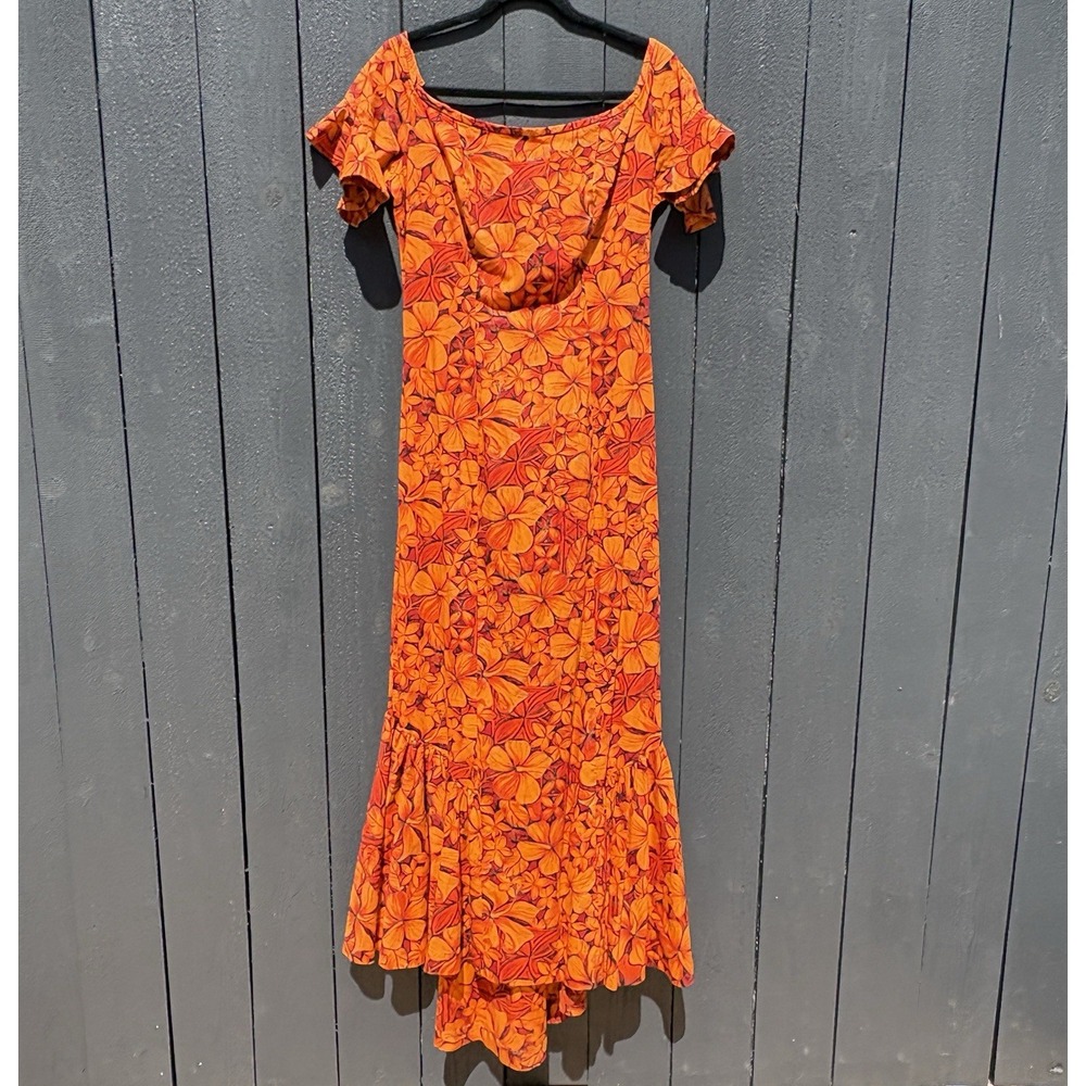 VTG Lauhala Hawaiian Aloha Maxi Dress XS Luau 60s 70s Floral Mod Fitted Ruffle